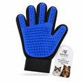 blue 2 in 1 pet hair remover and grooming glove with black accents and a label on a white background