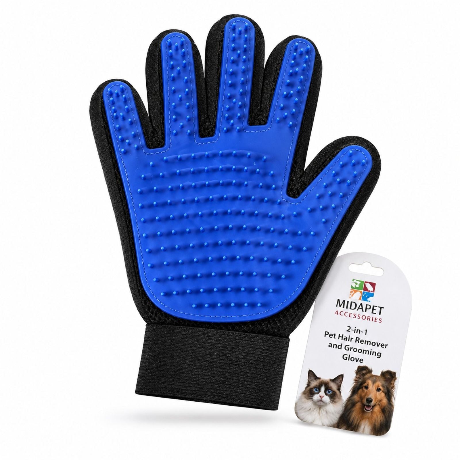 blue 2 in 1 pet hair remover and grooming glove with black accents and a label on a white background