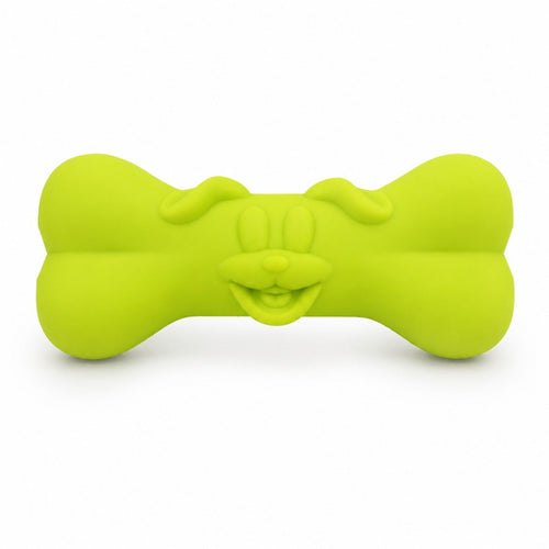 Green bone-shaped toy on a white background