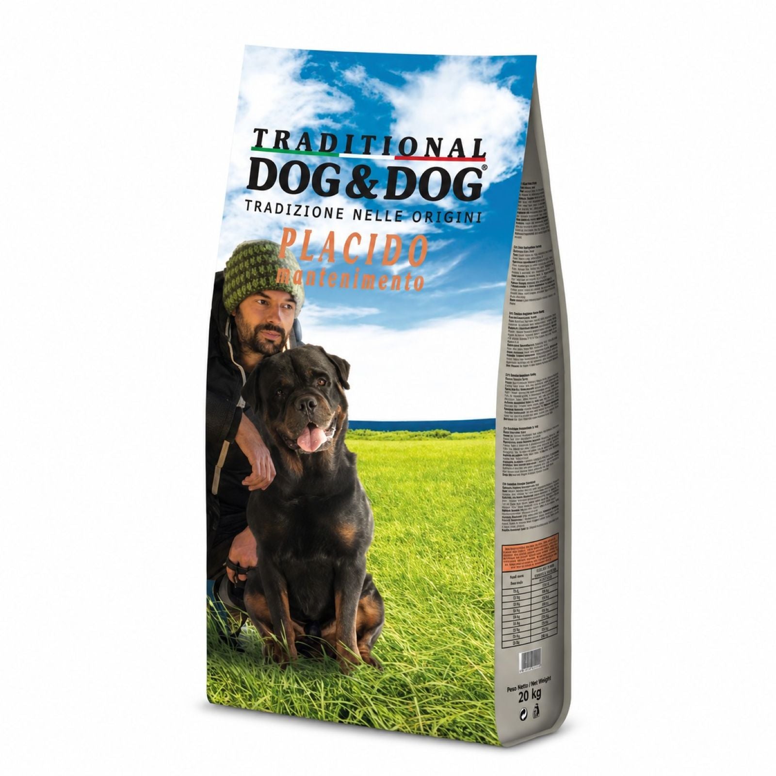 Dog food package with a man and dog on a grassy field