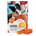 Packaged Duvo Plus Chicken Twisters dog treats on a white background