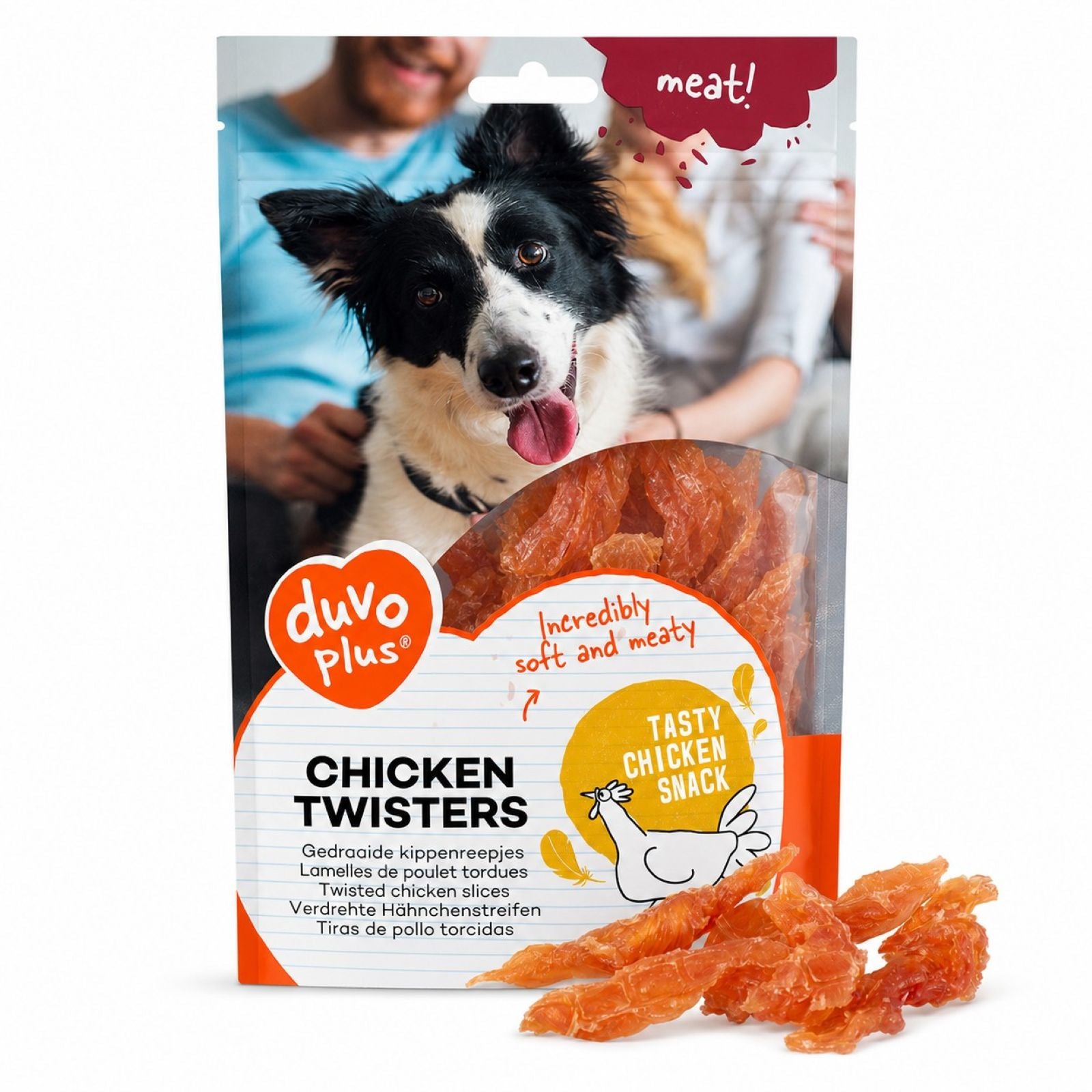 Packaged Duvo Plus Chicken Twisters dog treats on a white background