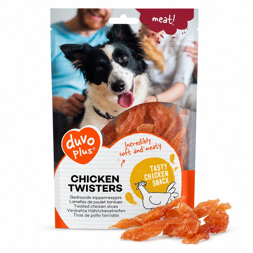 Packaged Duvo Plus Chicken Twisters dog treats on a white background