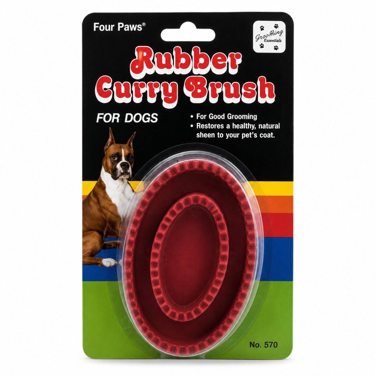 Rubber curry brush for dogs in packaging with brand name 'Four Paws'.