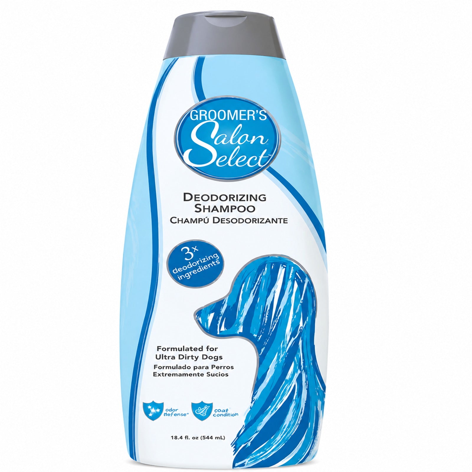 Bottle of Groomer’s Salon Select Deodorizing Shampoo – 544ml on white background