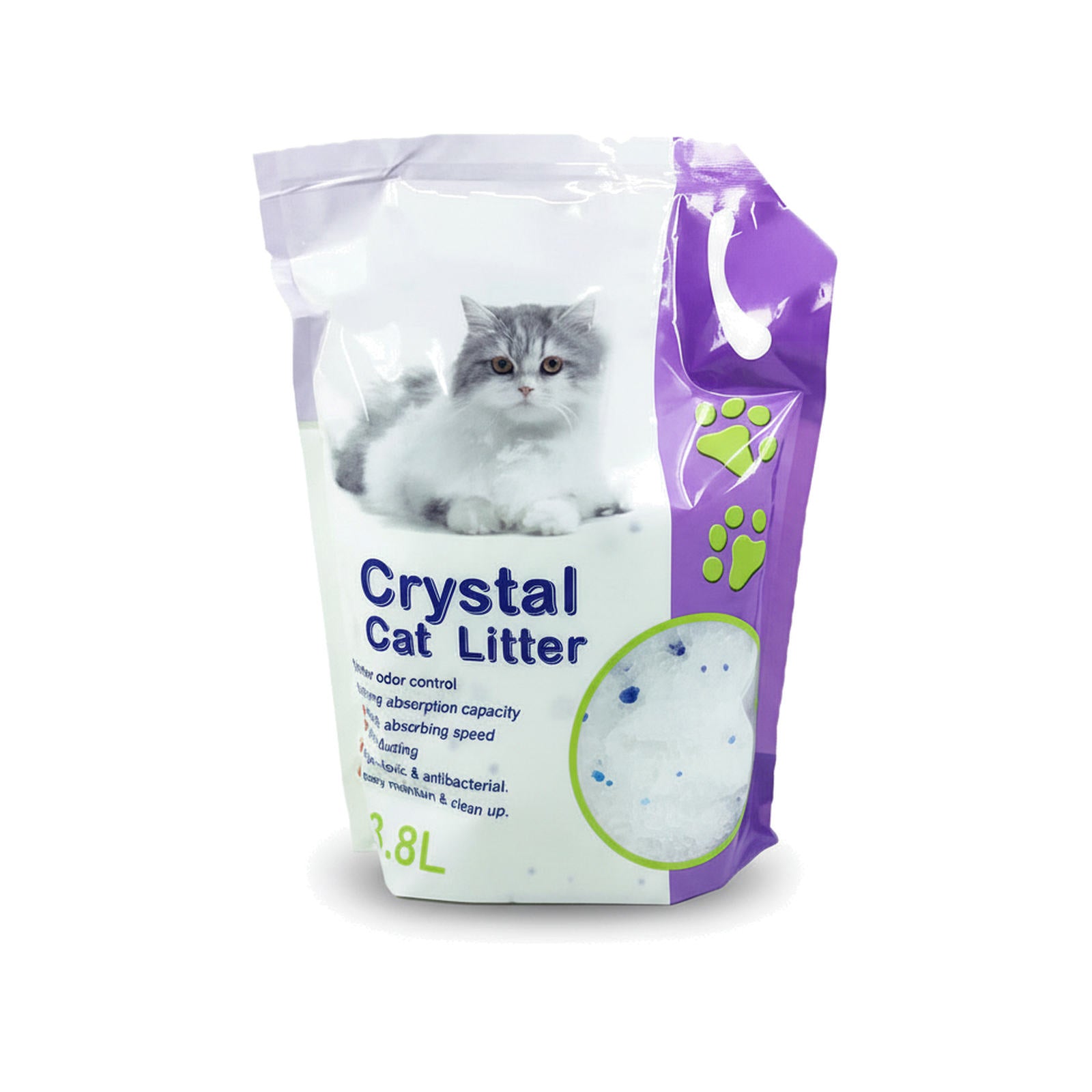 Packaged MideaPet crystal cat litter bag in white and purple with a cat image on the front