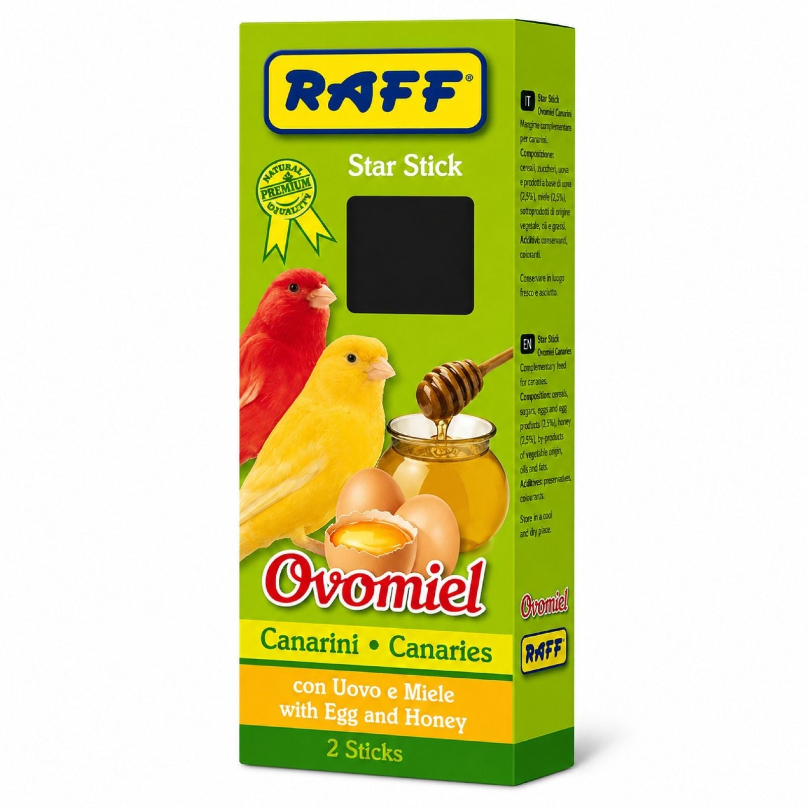 packaged Raff Star Stick Ovomiel Canary Treats - Egg & Honey Flavor box on white background