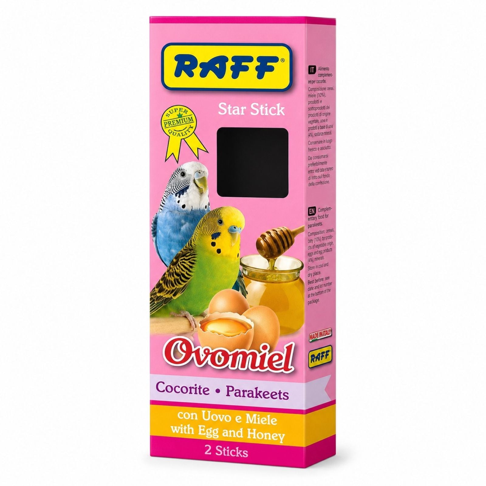 packaged Raff Star Stick Ovomiel Parakeet Treats - Egg & Honey Flavor box on white background