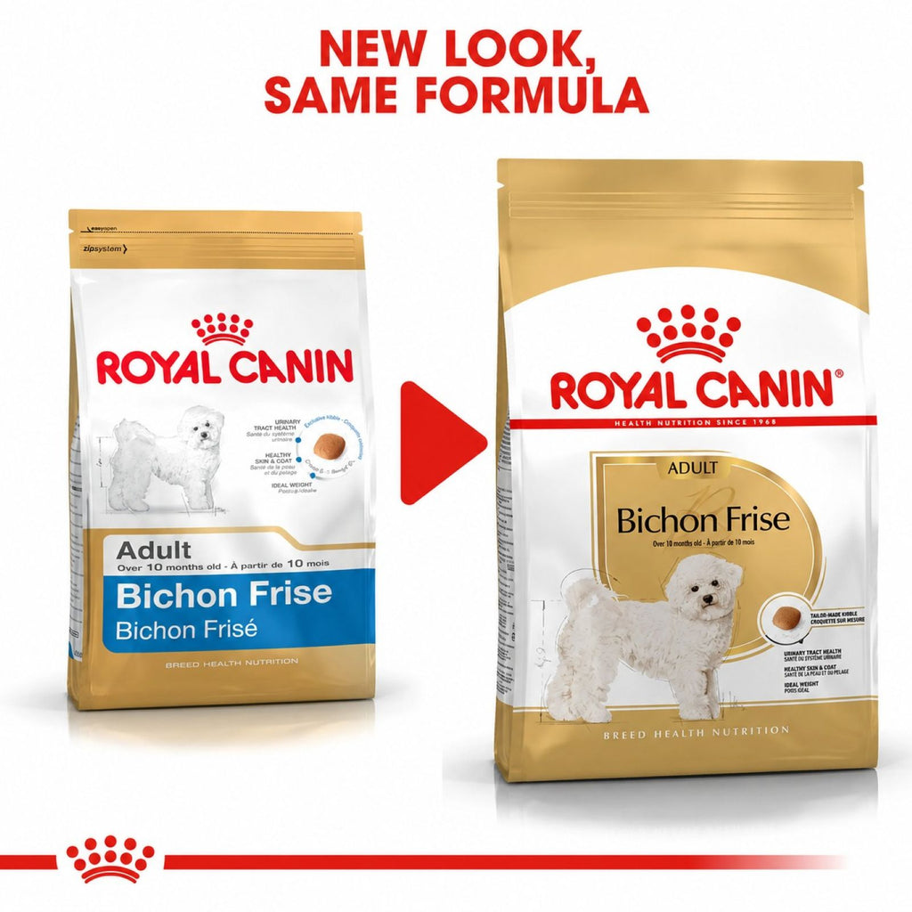 Two packages of Royal Canin Bichon Frise dog food with a red arrow and text indicating 'New Look, Same Formula'.