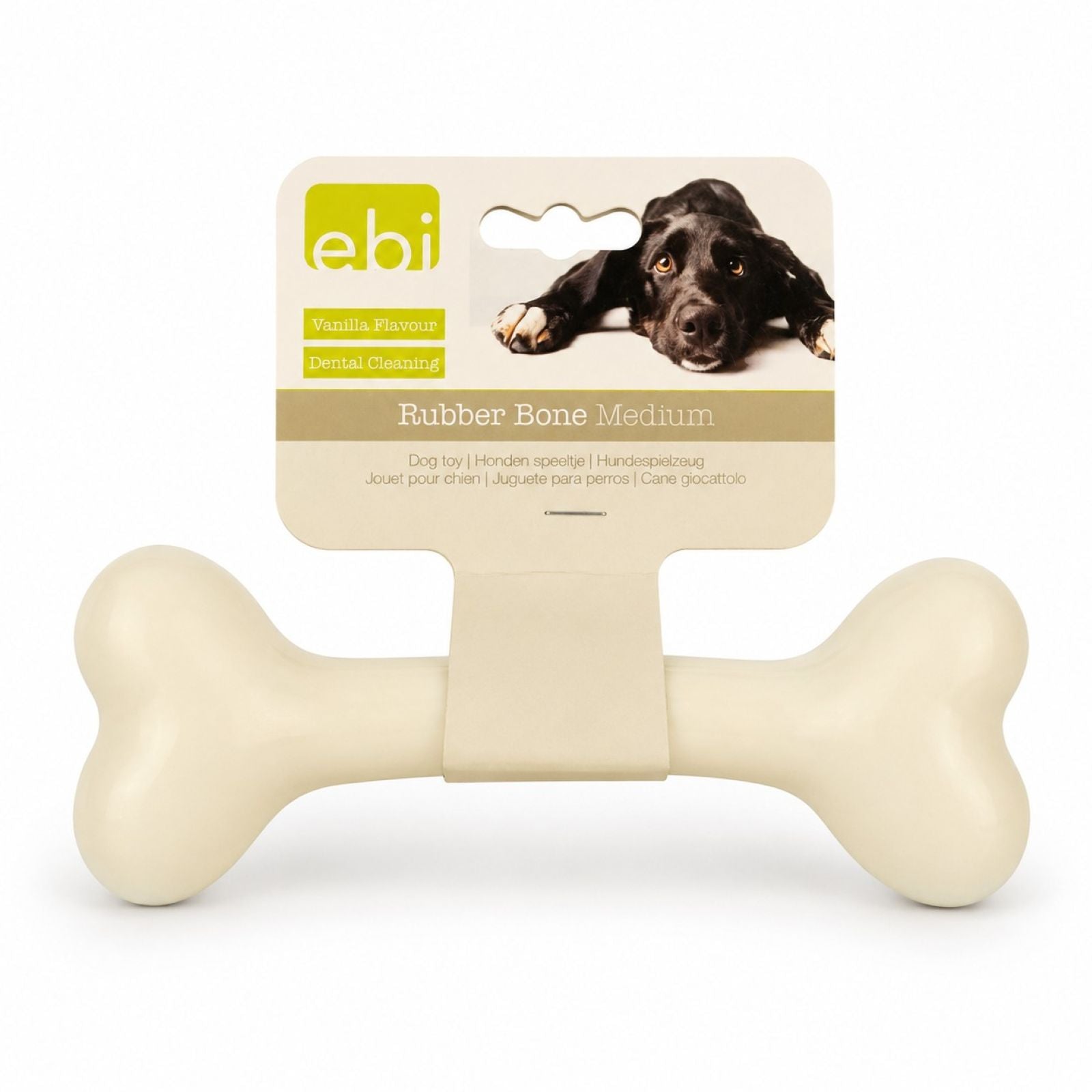 medium sized off-white rubber bone for dog with vanilla flavor