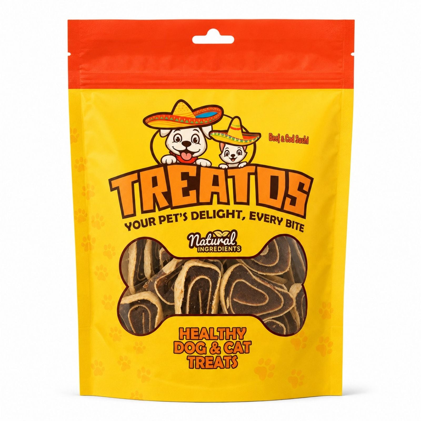 Yellow package of Treatos dog treats with a red top on a white background