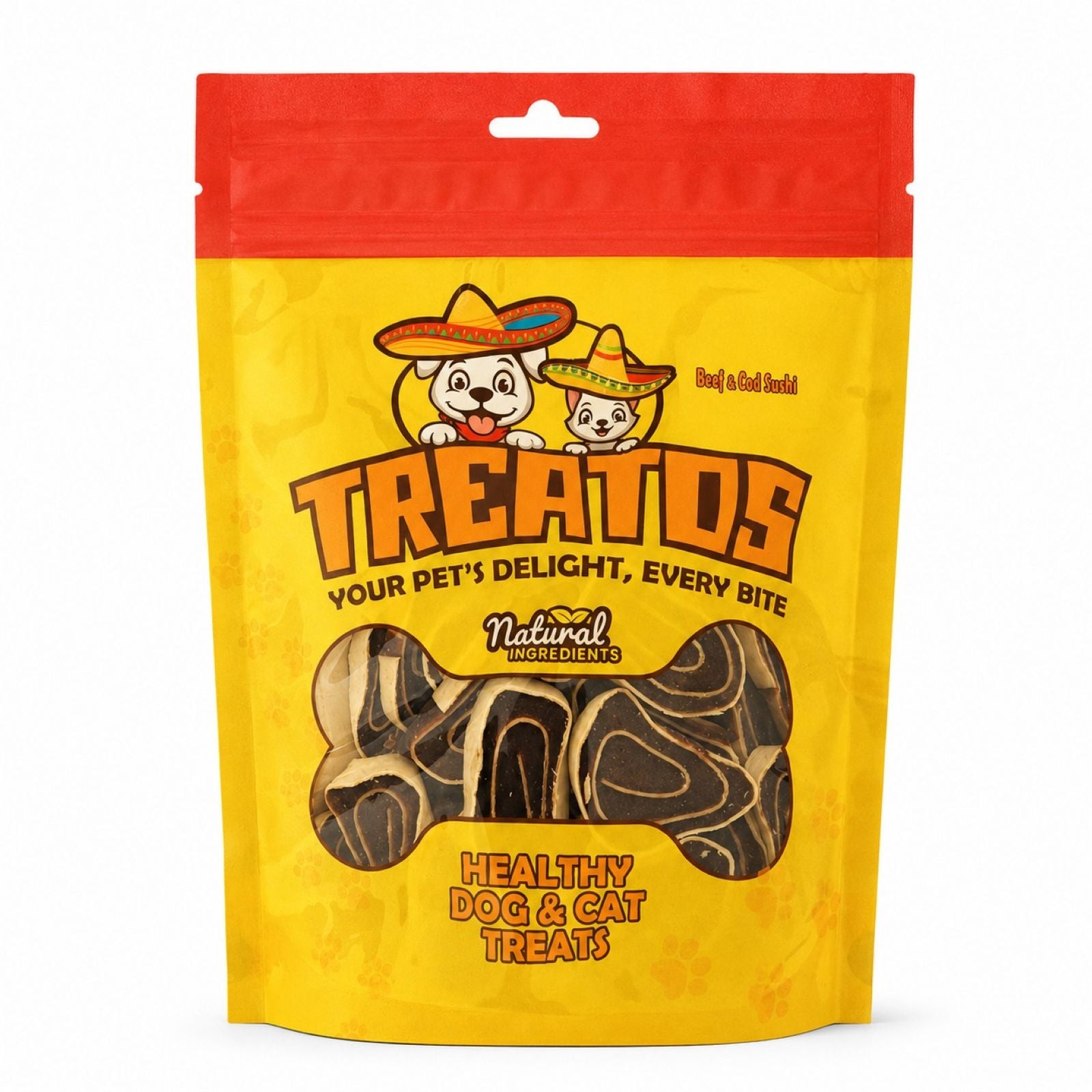 Yellow package of Treatos dog treats with a red top on a white background