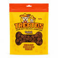 Yellow package of Treatos dog and cat treats, beef cubes, with cartoon dogs and cats on the label.