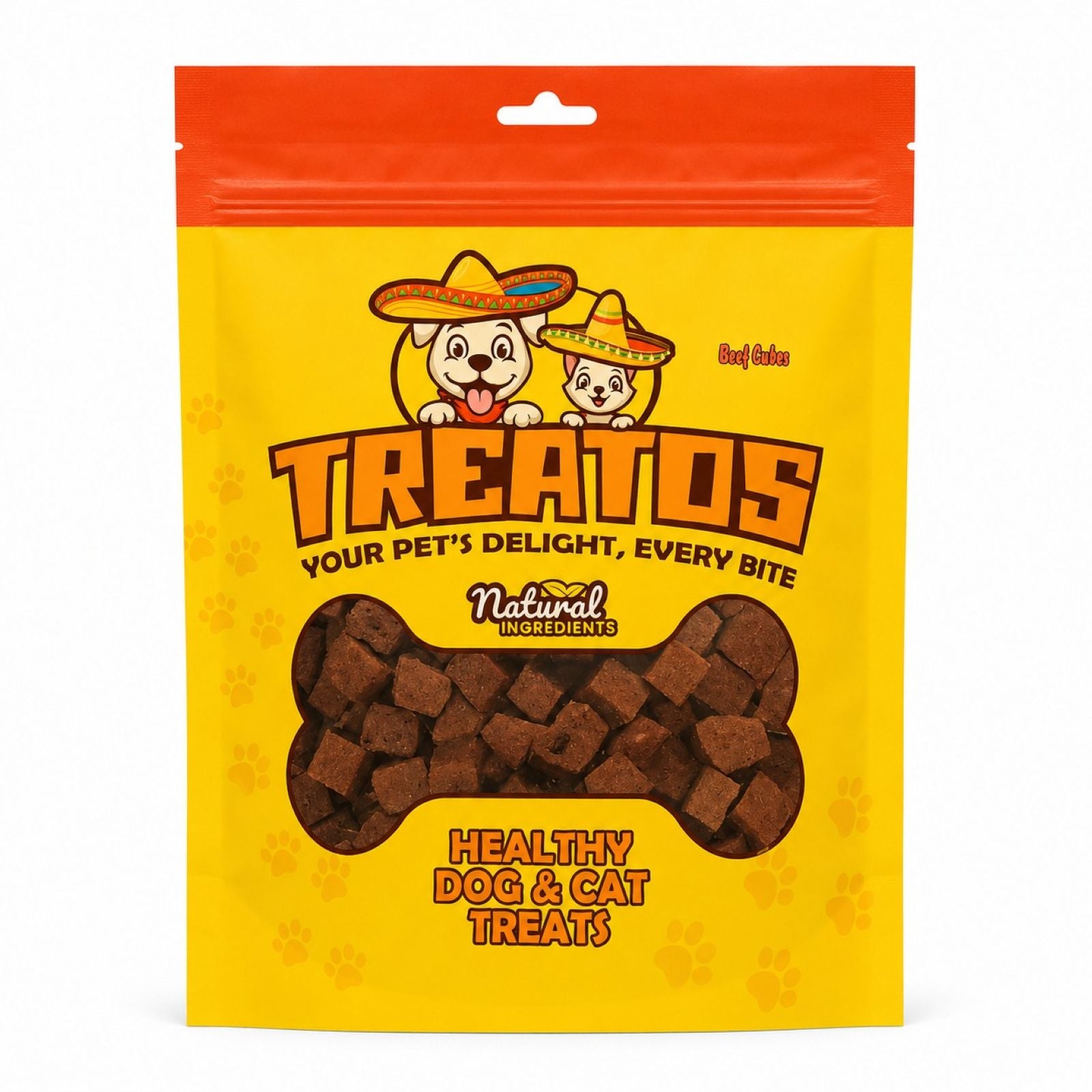 Yellow package of Treatos dog and cat treats, beef cubes, with cartoon dogs and cats on the label.