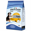 A 12 kg bag of Unica Classe Maxi Puppy dog food, featuring a blue and white bag with a picture of a Bernese Mountain Dog and a yellow circular label.