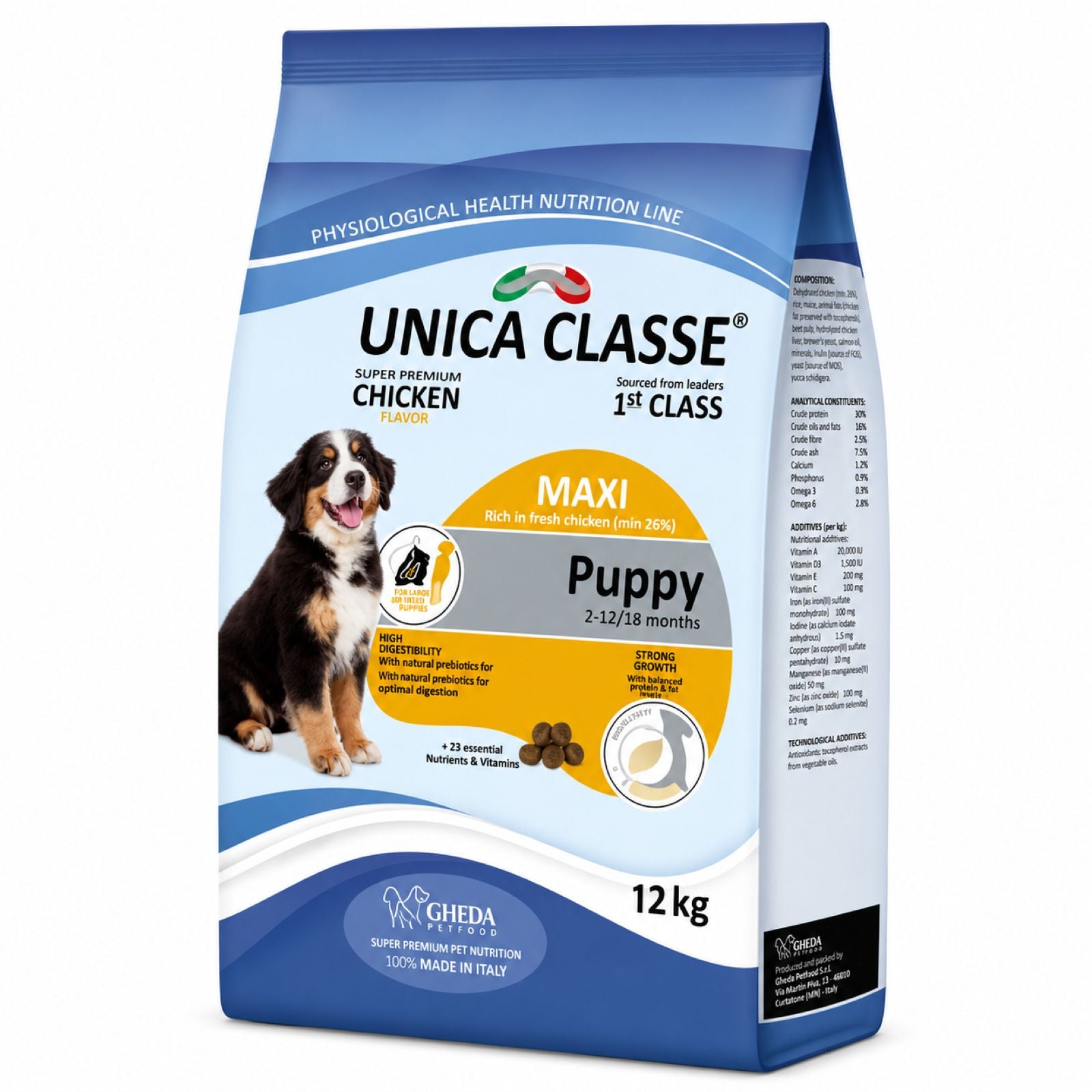 A 12 kg bag of Unica Classe Maxi Puppy dog food, featuring a blue and white bag with a picture of a Bernese Mountain Dog and a yellow circular label.