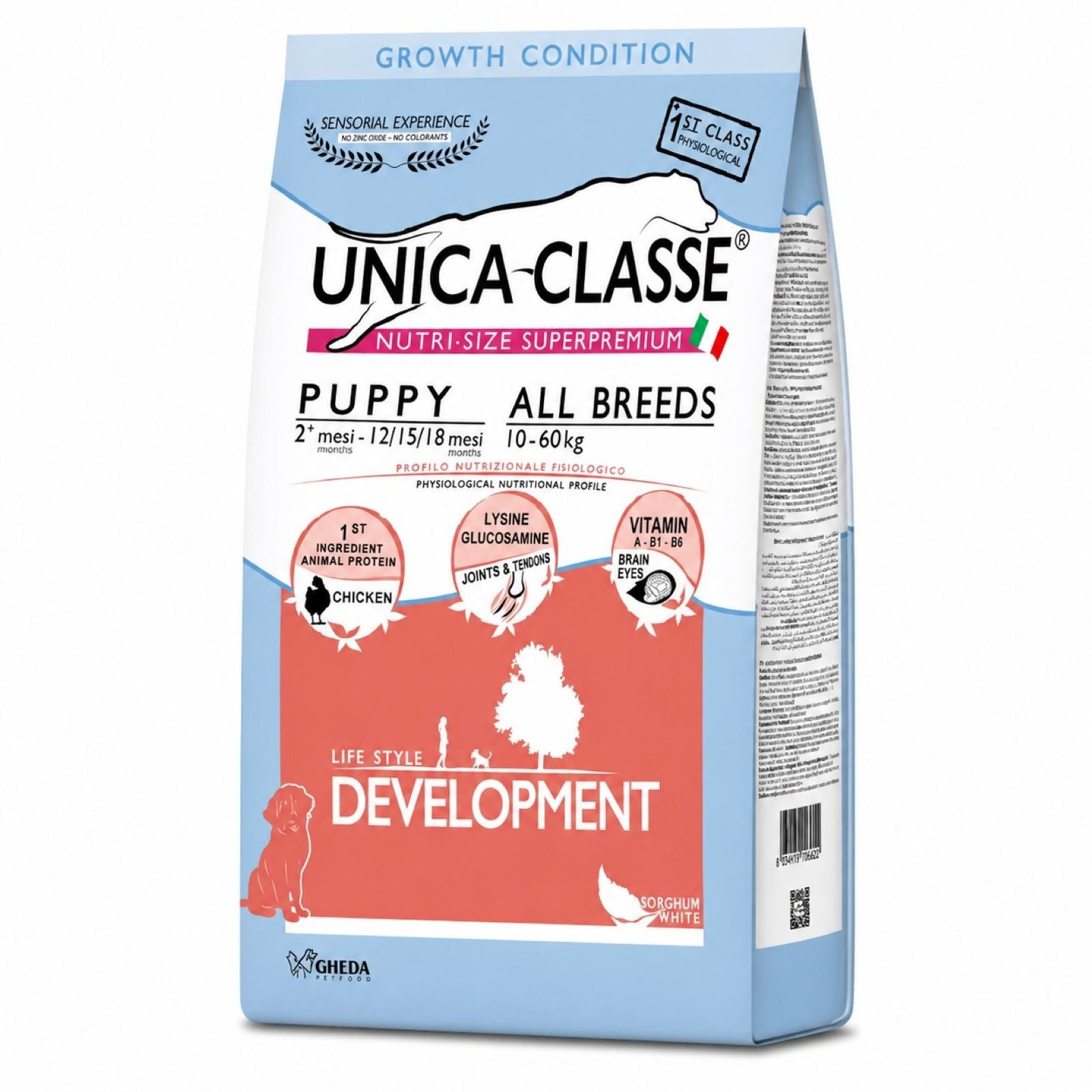 packaged Unica Classe Puppy-All Breeds-LifeStyle Development-Chicken Flavor 12KG bag on white background