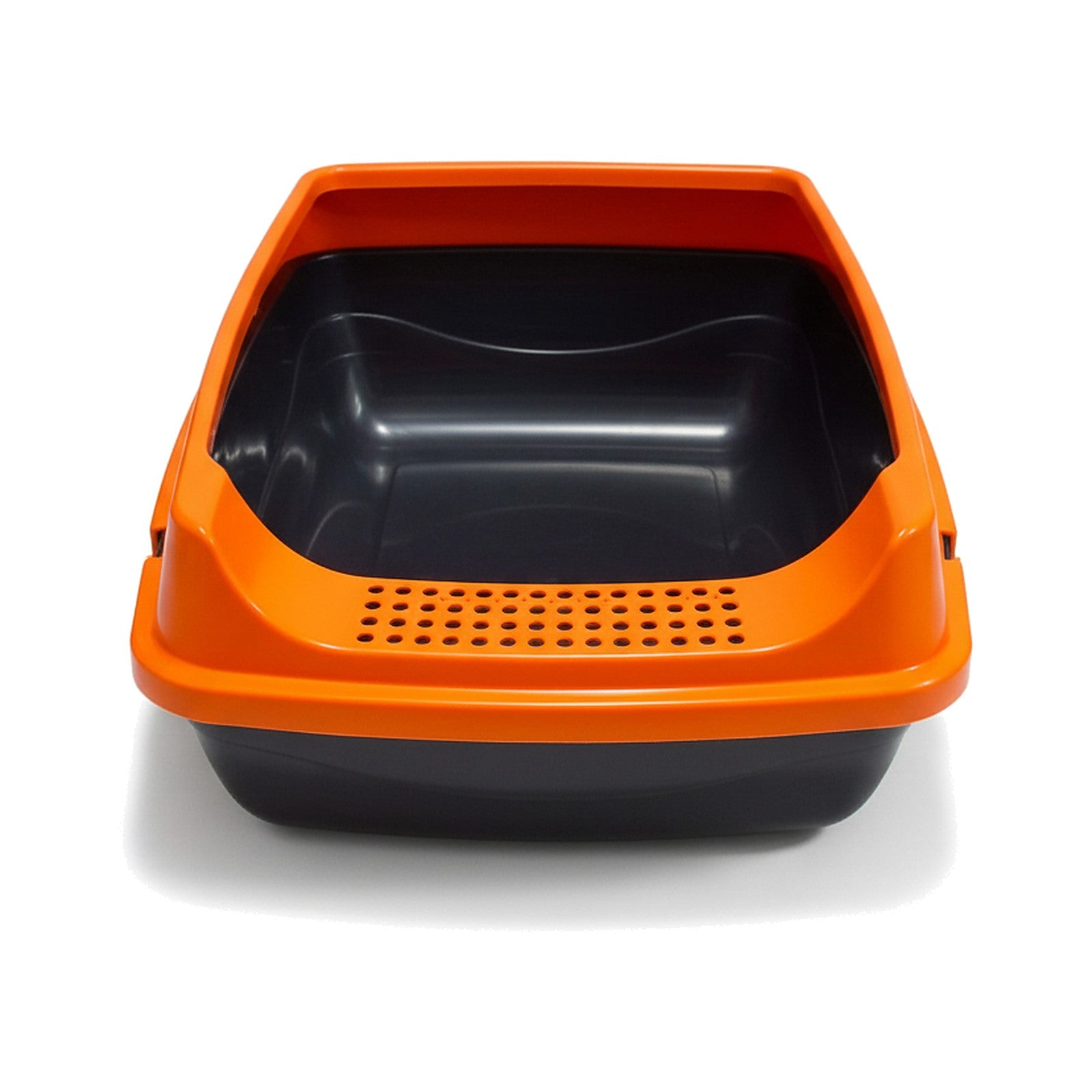Orange and black pet litter box on a white background