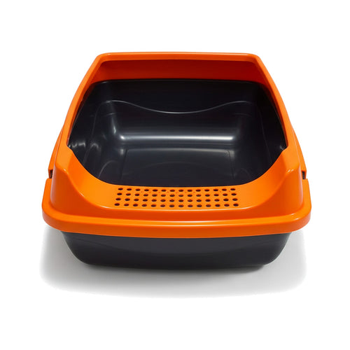 Orange and black pet litter box on a white background