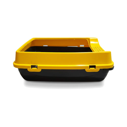 Yellow and black pet litter box on a white background