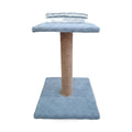 Blue cat scratcher stand with a square base, rope-wrapped vertical post, and padded top perch with a small cushion