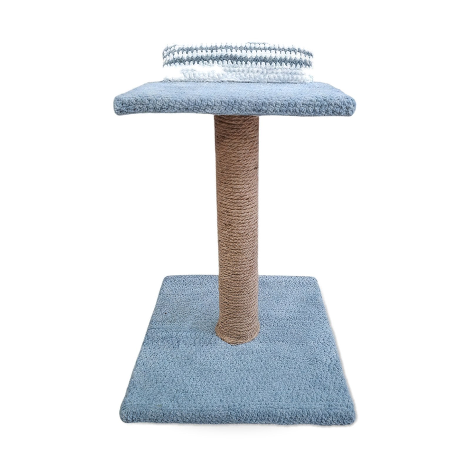 Blue cat scratcher stand with a square base, rope-wrapped vertical post, and padded top perch with a small cushion