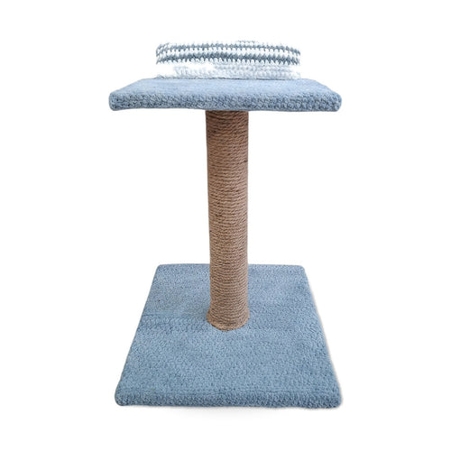 Blue cat scratcher stand with a square base, rope-wrapped vertical post, and padded top perch with a small cushion