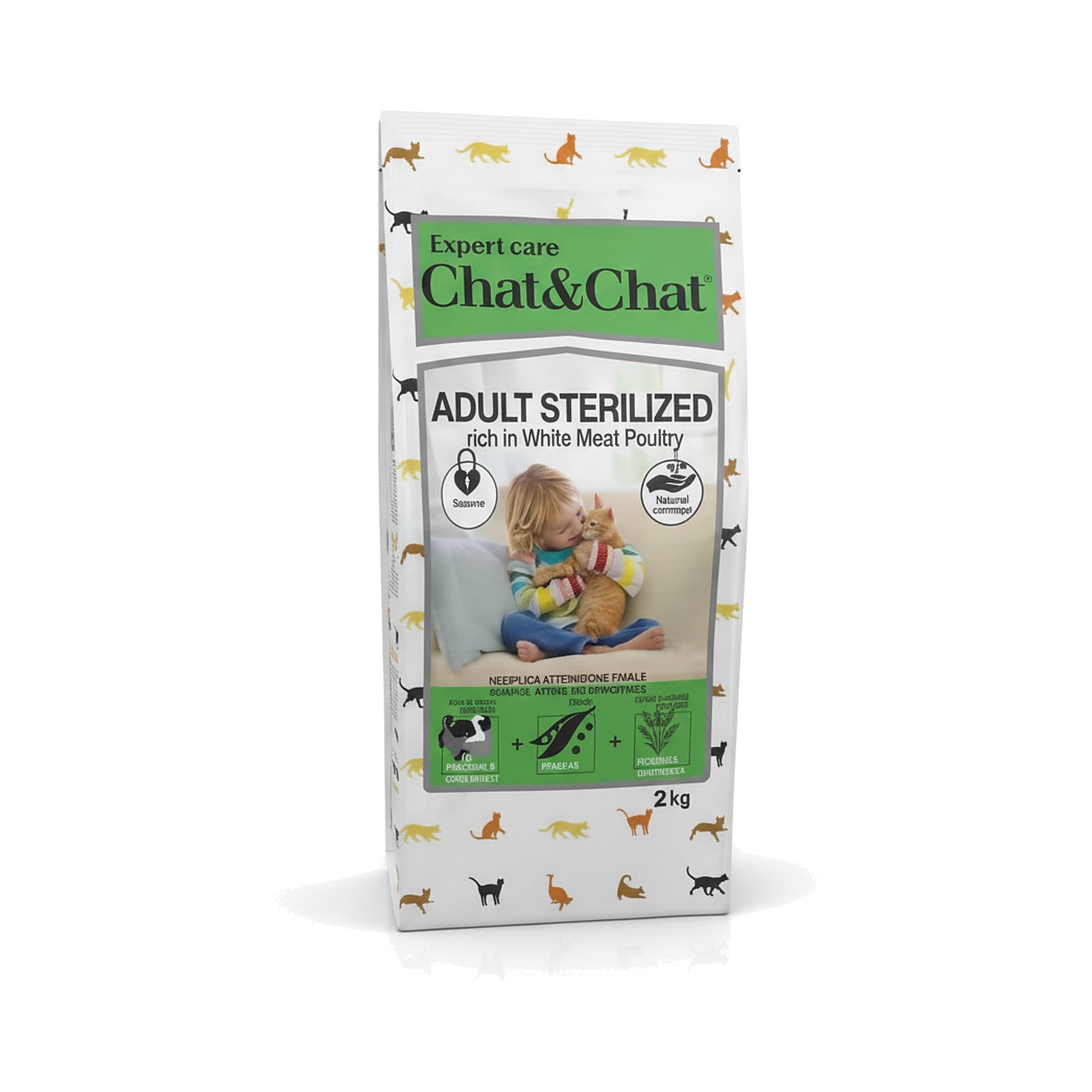 Cat food package labeled 'Chat & Chat' on a white background