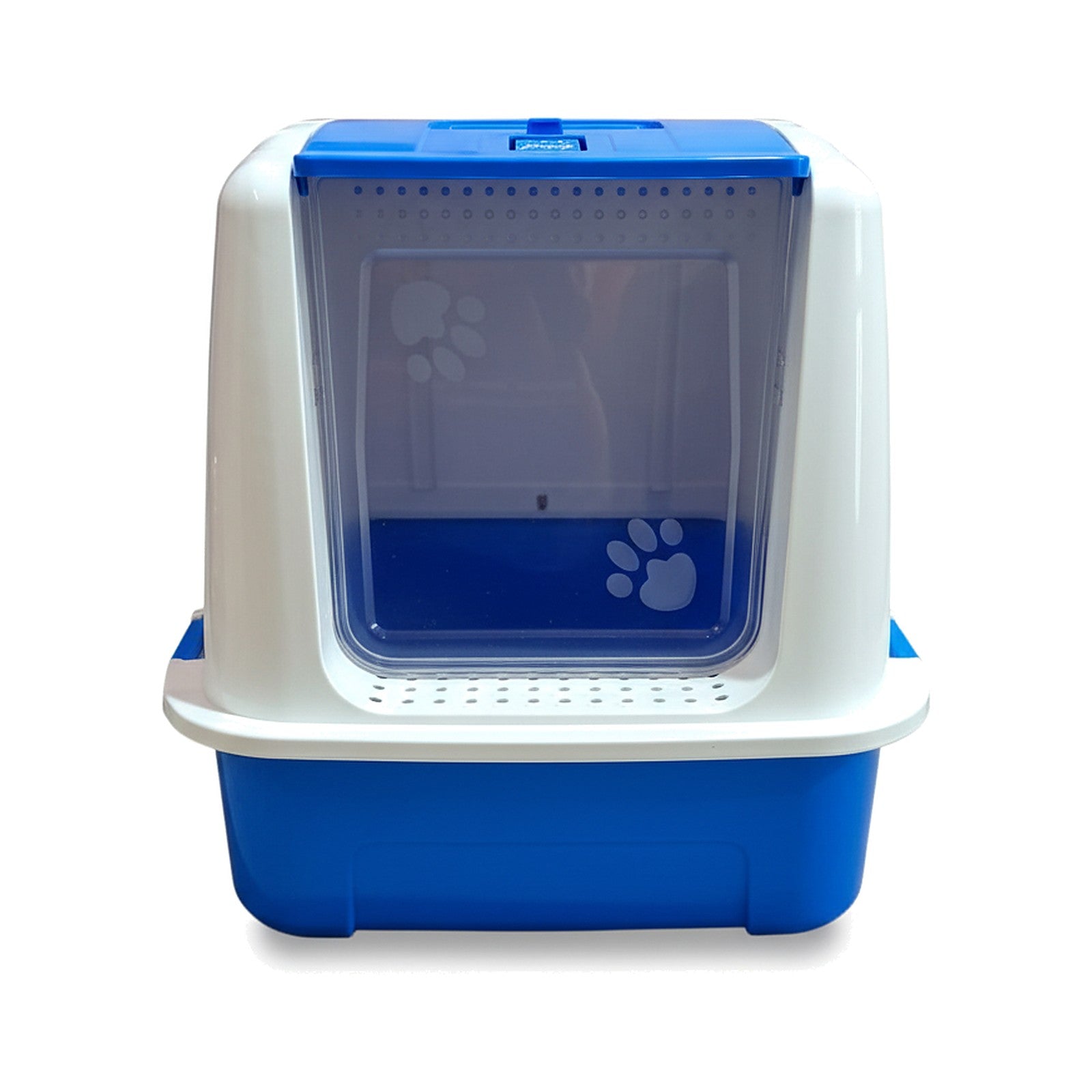 Cat litter box with blue and white design on a white background