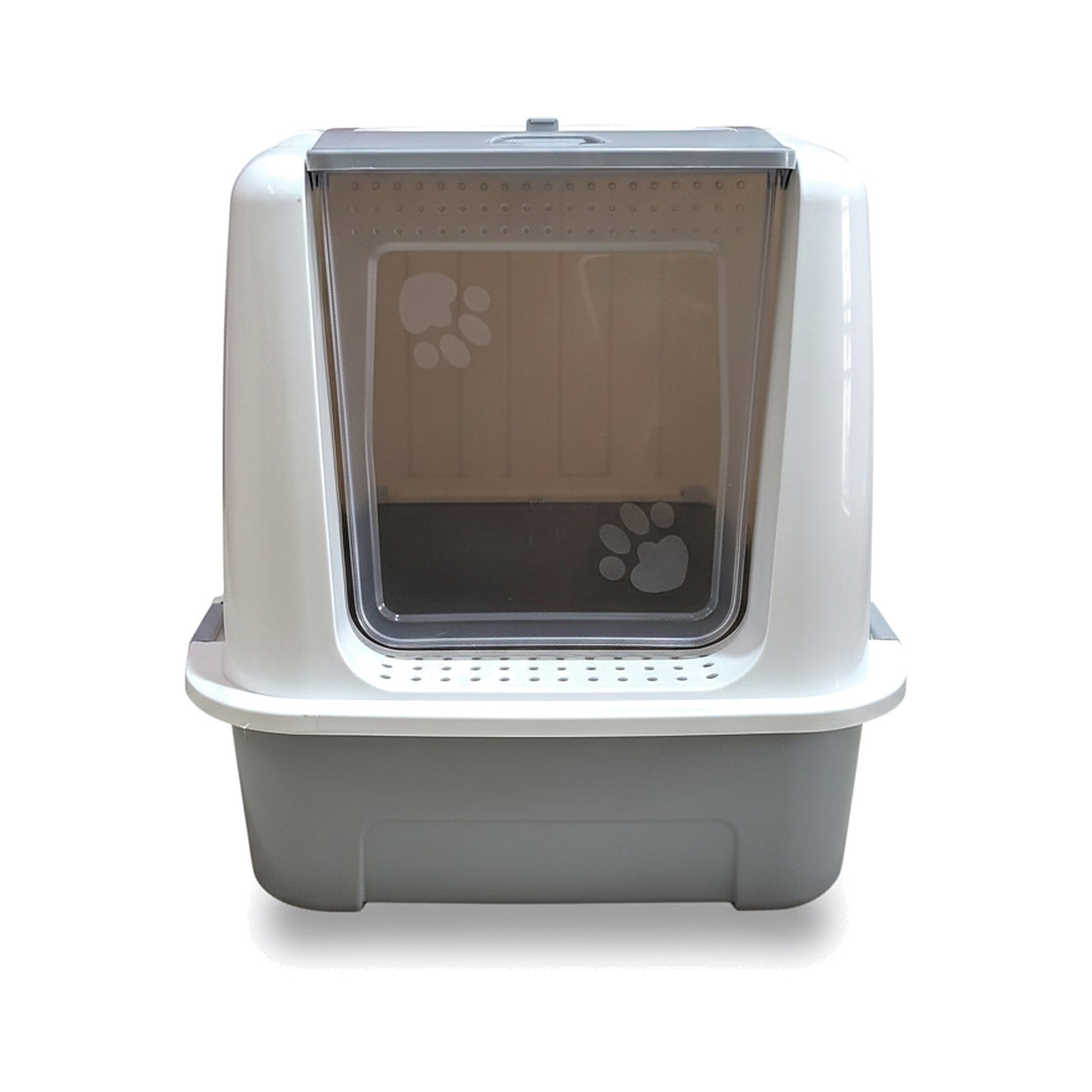 Covered cat litter box with a white top, gray base, and translucent gray front flap door on a white background.
