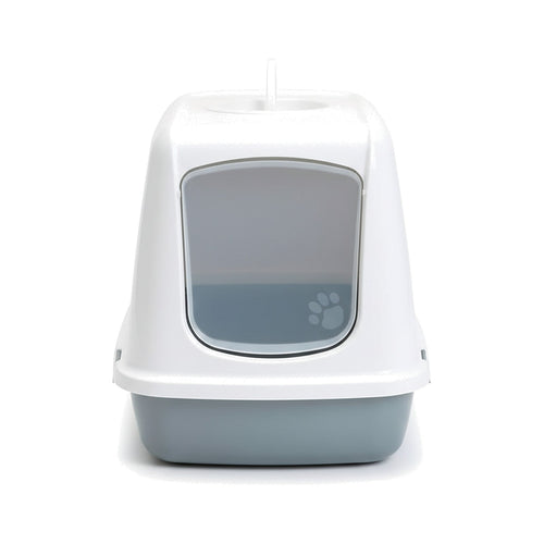 Covered cat litter box with a white top, light blue base, and translucent front flap door on a white background