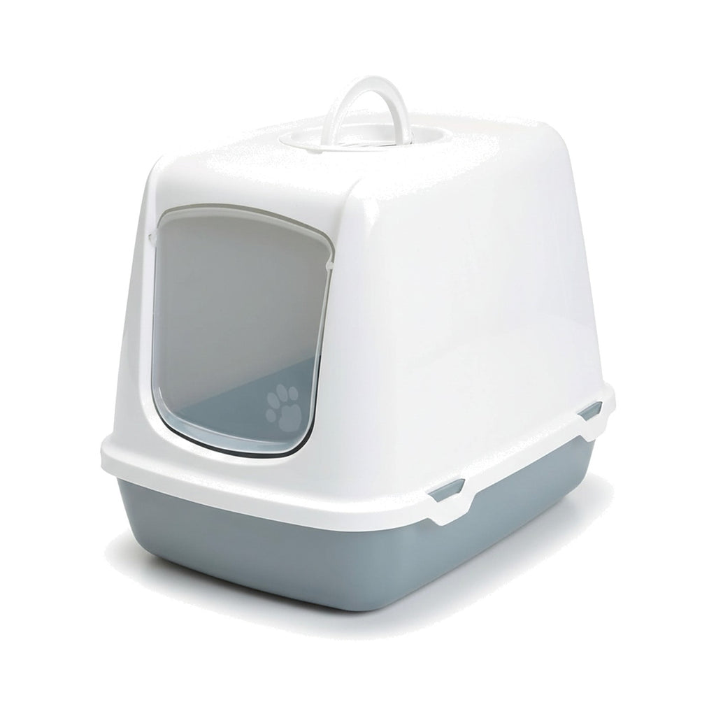 Covered cat litter box with a white top, light blue base, and translucent front flap door on a white background