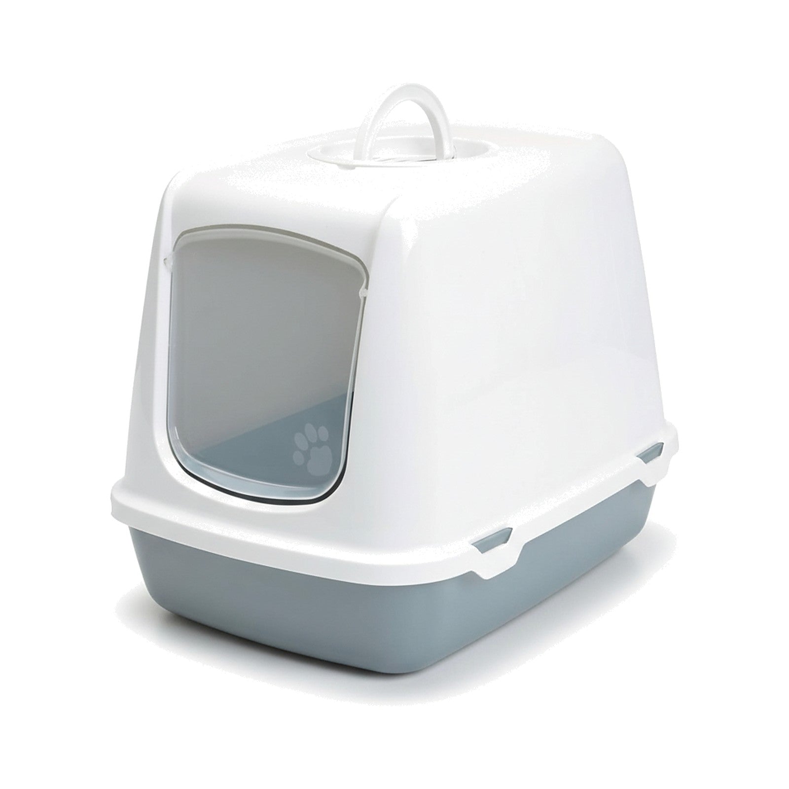 Covered cat litter box with a white top, light blue base, and translucent front flap door on a white background