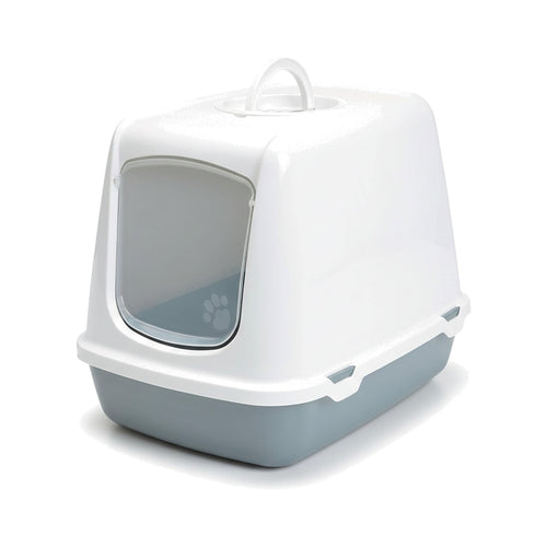 Covered cat litter box with a white top, light blue base, and translucent front flap door on a white background
