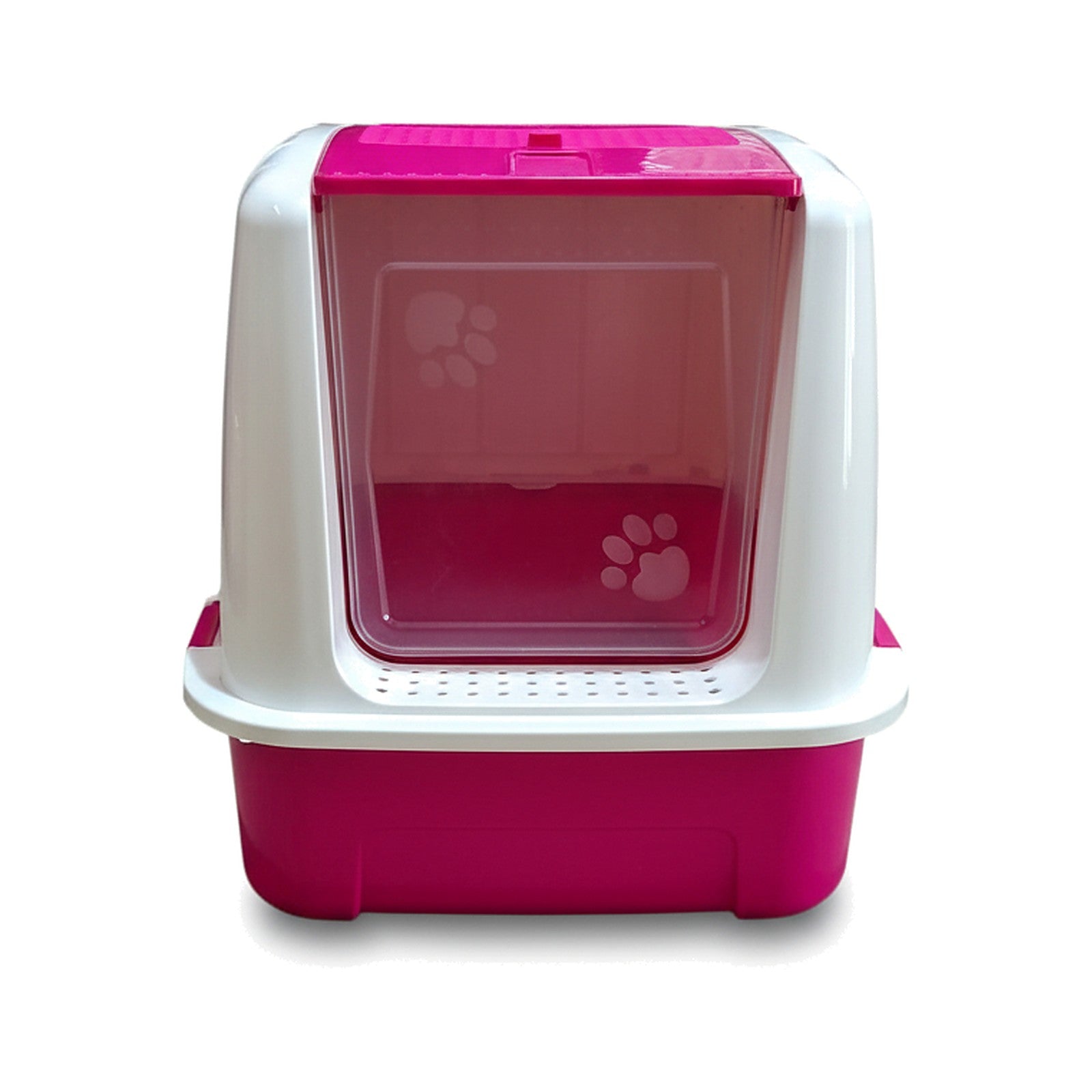 Covered cat litter box with a white top, pink base, and translucent pink front flap door on a white background.