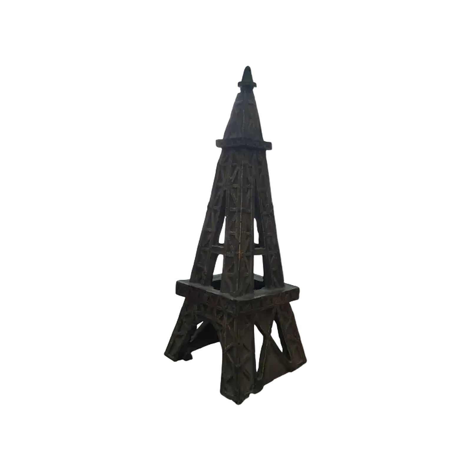 Dark Eiffel Tower ornament standing upright on a white background.
