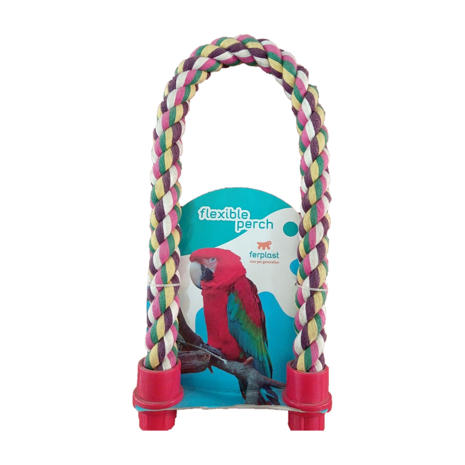 A colorful braided rope bird perch with red plastic ends, shown with its retail backing card featuring a red parrot and the text 'flexible perch' and 'ferplast'.