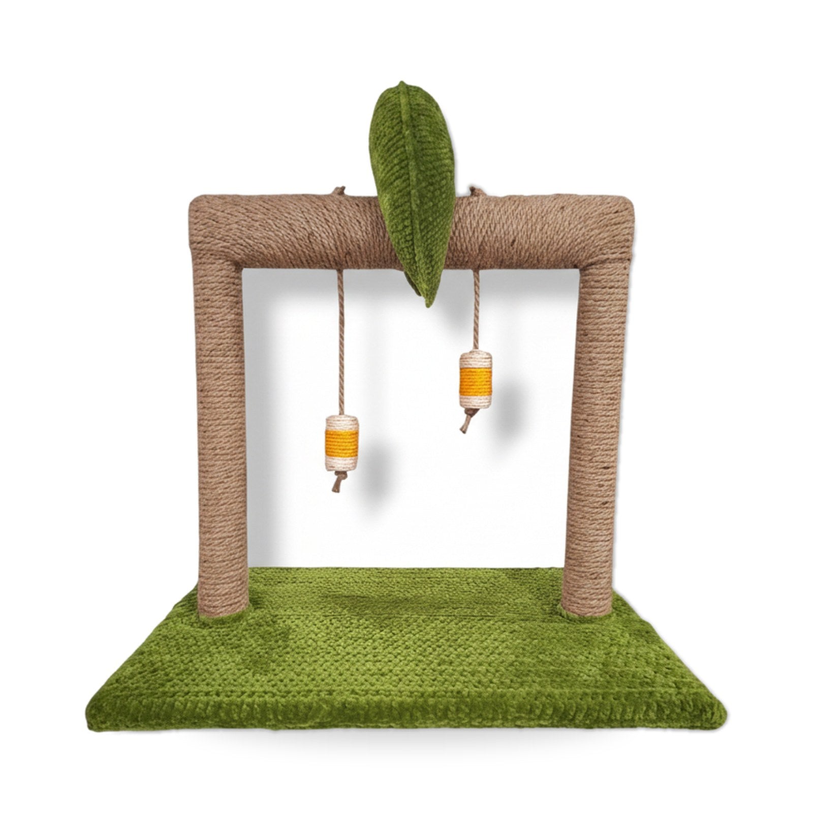 Green cat scratcher play stand with a soft square base, rope-wrapped frame, leaf detail on top, and two hanging toy cylinders