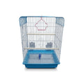 Large rectangular bird cage with a blue base and blue top trim, silver bars, wooden perches, and feeders