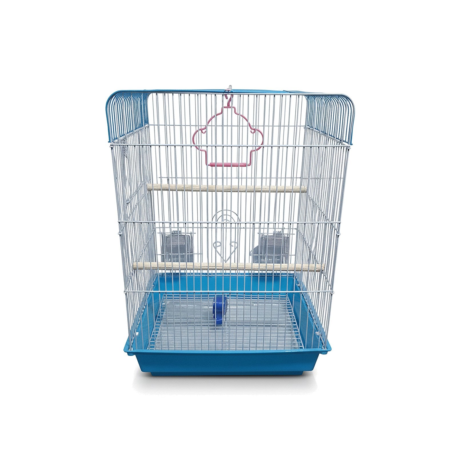 Large rectangular bird cage with a blue base and blue top trim, silver bars, wooden perches, and feeders