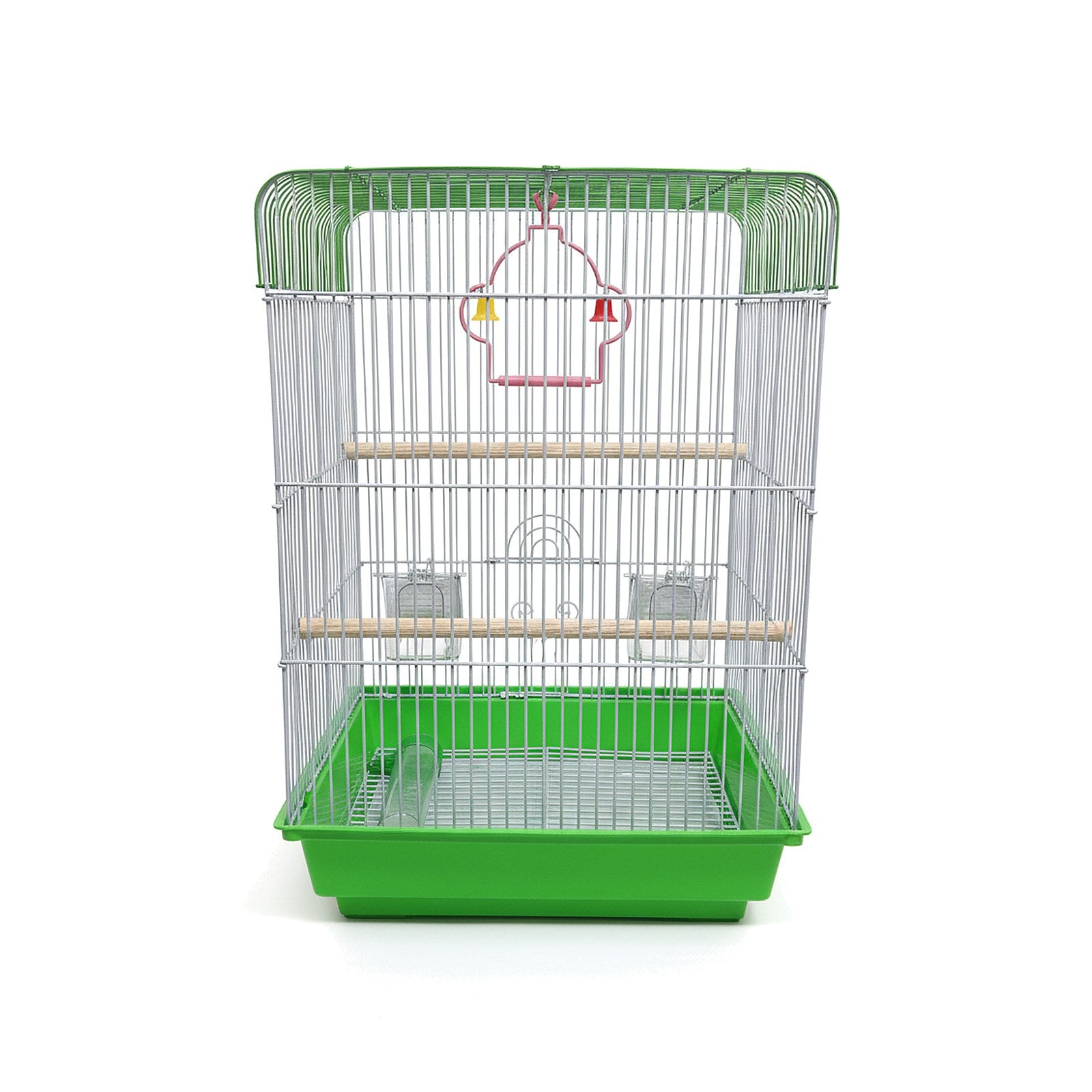 Large rectangular bird cage with a green base and green top trim, silver bars, wooden perches, and small hanging bells