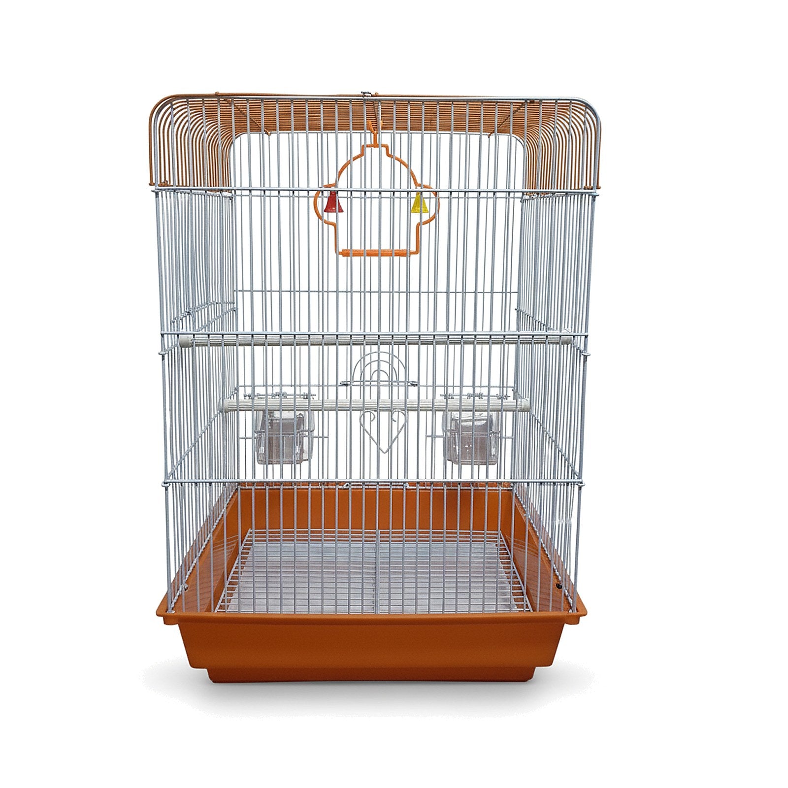 Large rectangular bird cage with an orange base and orange top trim, silver bars, perch accessories, and small hanging bells