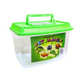 Clear plastic tank with green lid and 'Pet Family' label on a white background