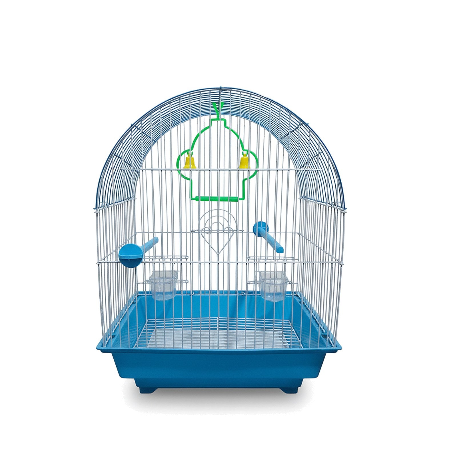 Medium arched bird cage with a blue base, silver bars, green hanging perch detail, blue accessories, and clear cups