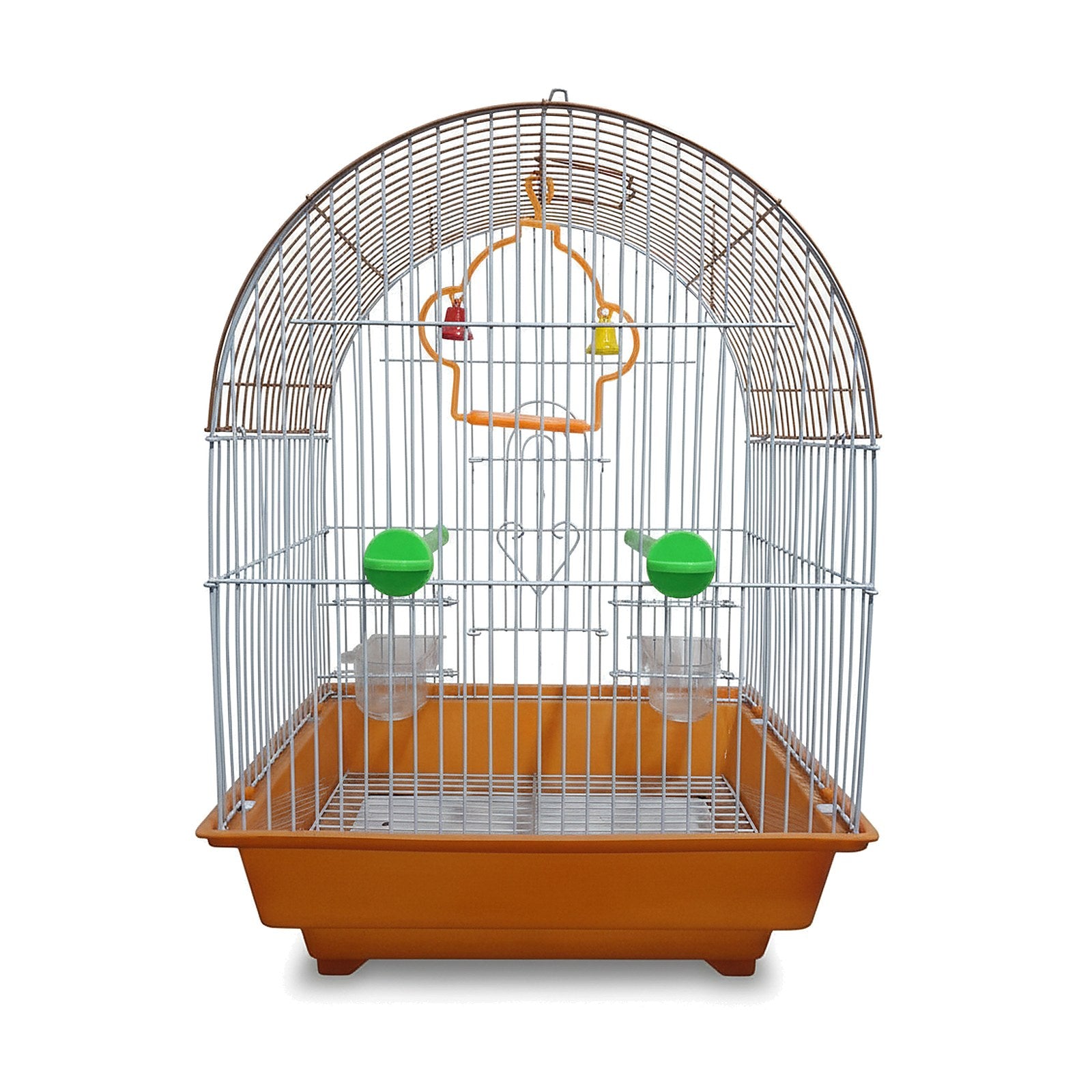 Medium arched bird cage with an orange base, silver bars, orange hanging perch detail, green feeders, and clear cups