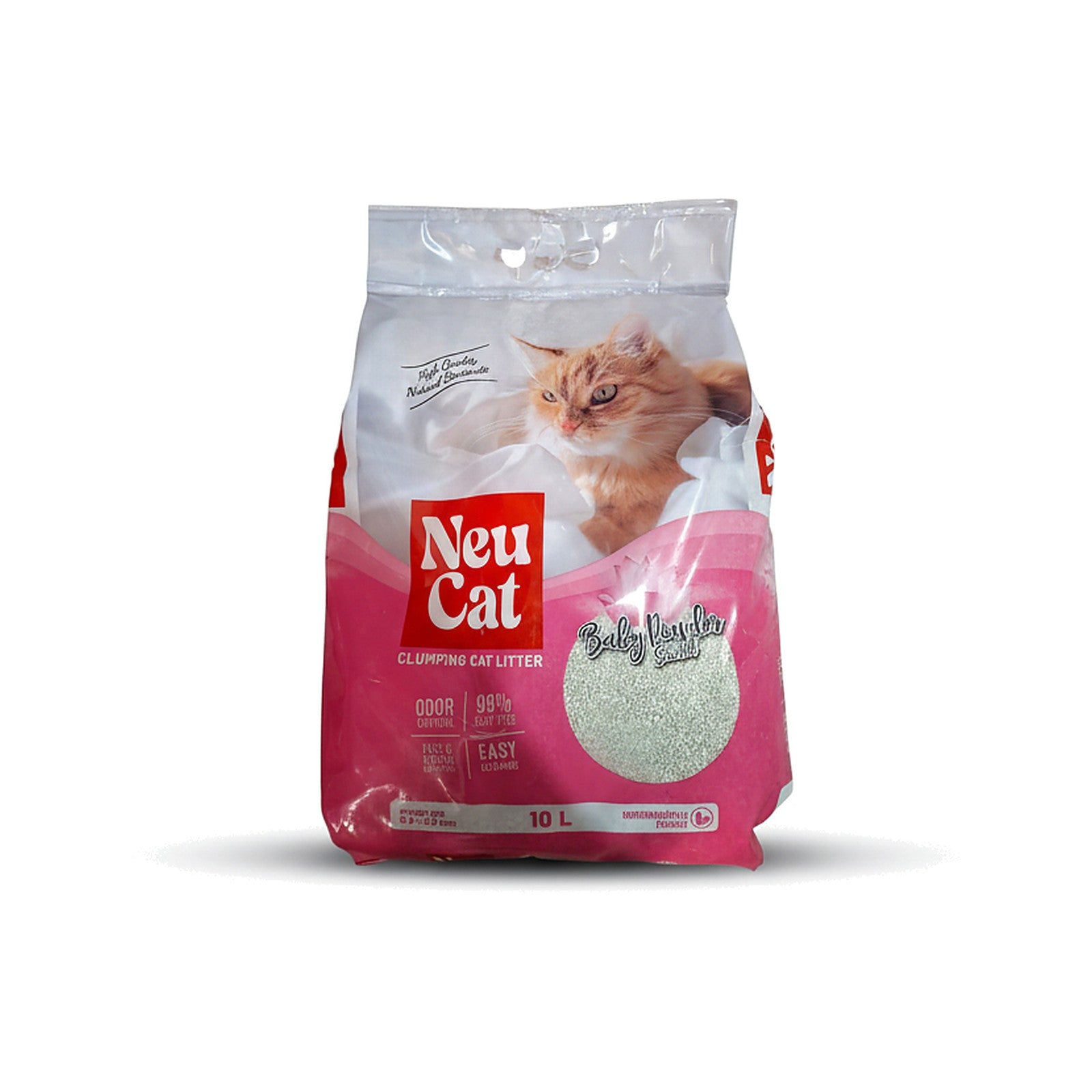 Bag of Neu Cat clumping cat litter, baby powder scented, with pink packaging and a cat image on the front