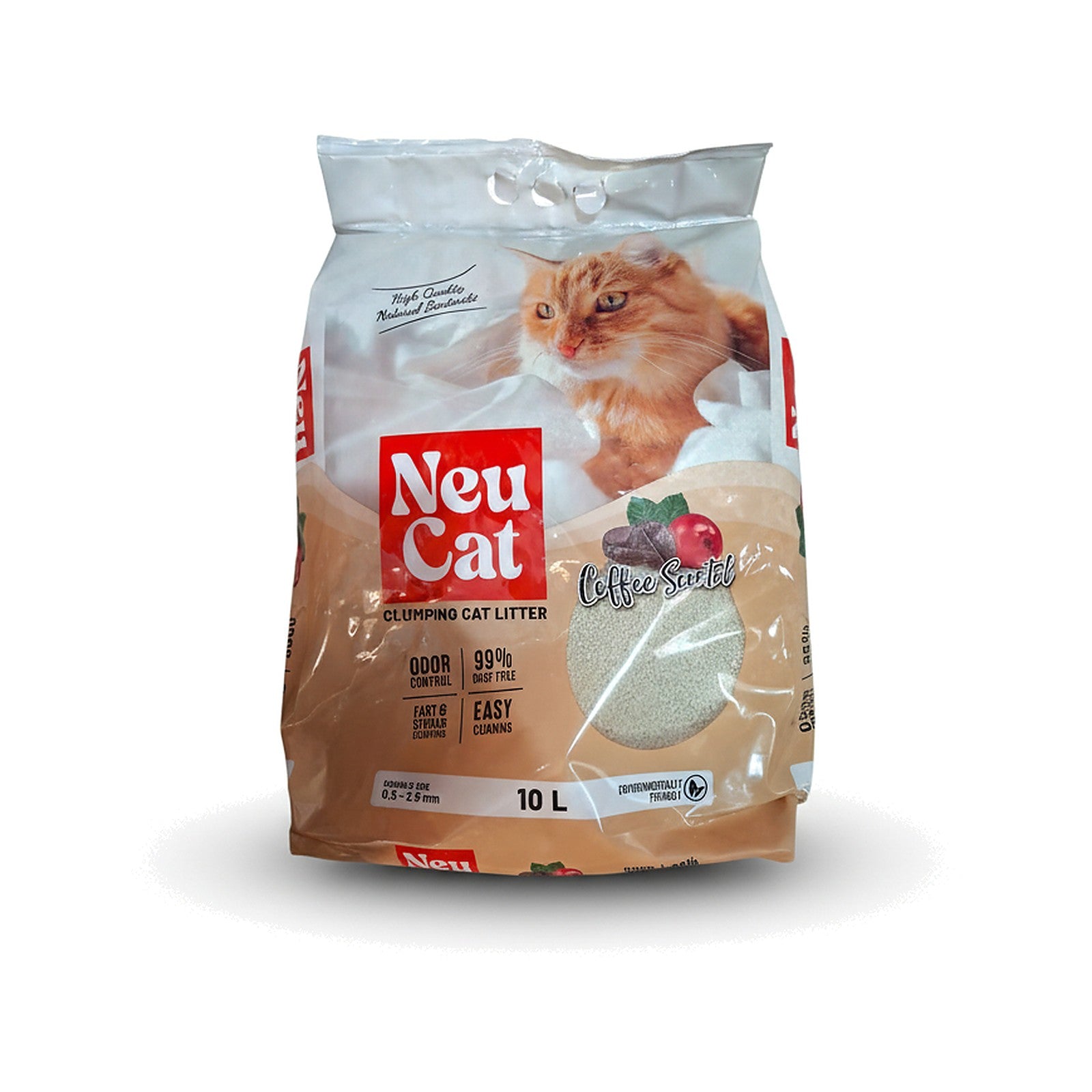 Bag of Neu Cat clumping cat litter, coffee scented, with a cat image on the front and beige packaging