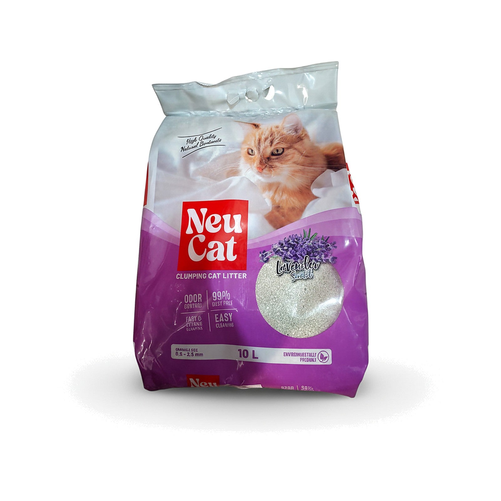 Bag of Neu Cat clumping cat litter, lavender scented, with purple packaging, lavender graphic, and a cat image on the front