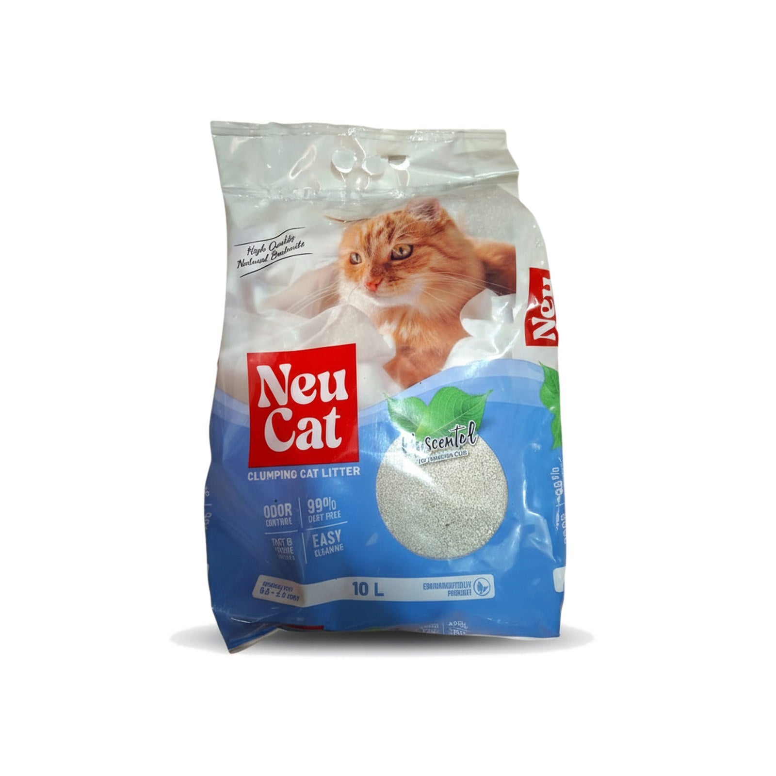 Packaged Neu Cat clumping litter unscented 10L bag in white and blue packaging