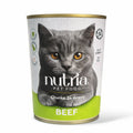 Can of Nutria cat food  chunks in gray beef taste with a gray cat on the label